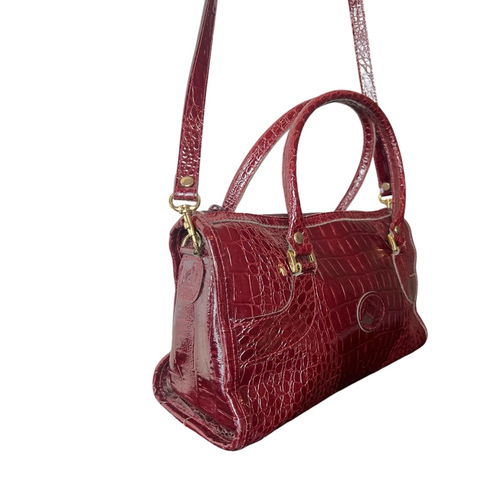 Ox Blood Crocodile-Embossed Satchel with Crossbody Strap